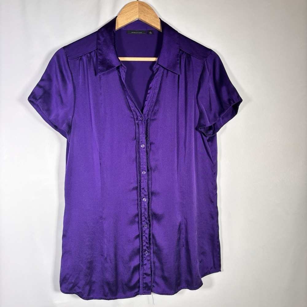 Silk Ruffle Button Up Top Womens Large Purple Quiet Luxury Old Money Elevated